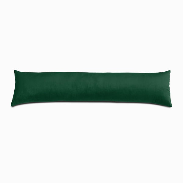 Forest Green Velvet fabric, hollowfibre filled draught excluder. Isolated on a white background