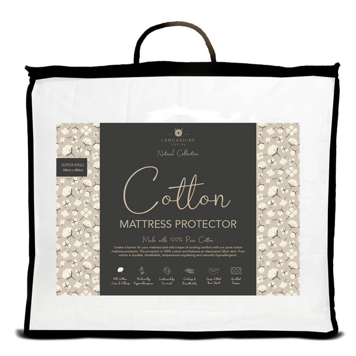 Packaging of pure cotton mattress protector showcasing eco-friendly, protective, and durable materials with product details