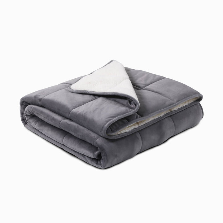 Grey sherpa and cream fleece weighted blanket - 152cm x 203cm - 9.1kg. Blanket isolated on a white background