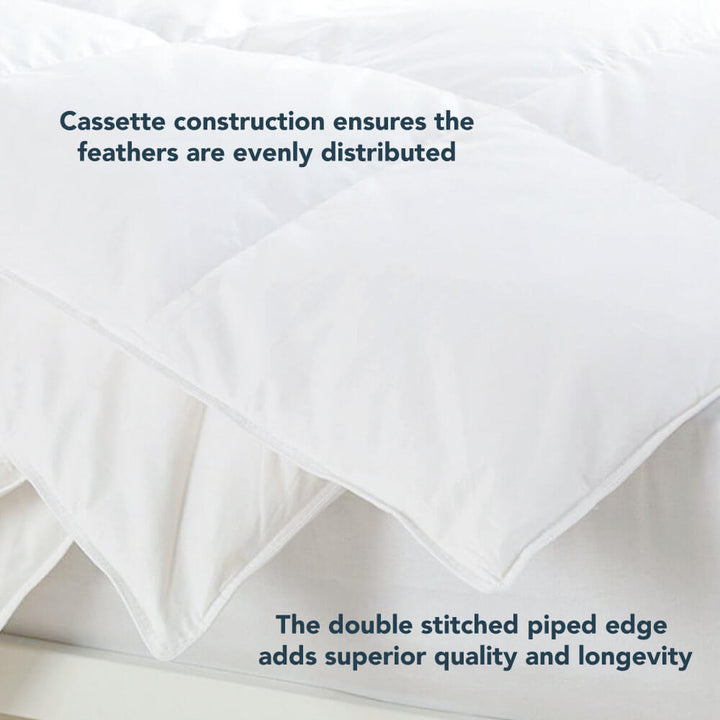 The 13.5 tog winter pure goose down duvet has cassette construction to keep the goose down in place and stops any cold spots, the duvet has a double stitched piped edge for durability
