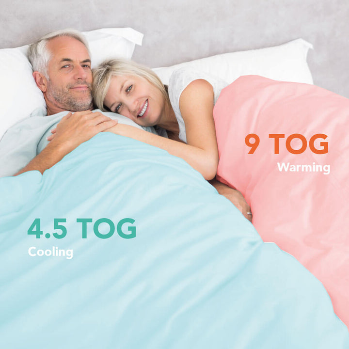 Couple using the Dual tempo duvet, the man has the cooler 4.5 tog side and the woman is using the 9 tog side