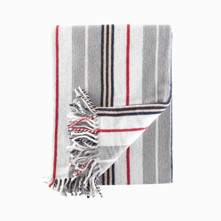 Red, grey, navy and white striped 150cm x 200cm blanket 
