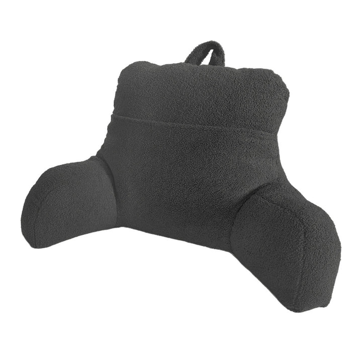 Charcoal Grey teddy fleece reading cushion with a large pocket and handle isolated on a white background