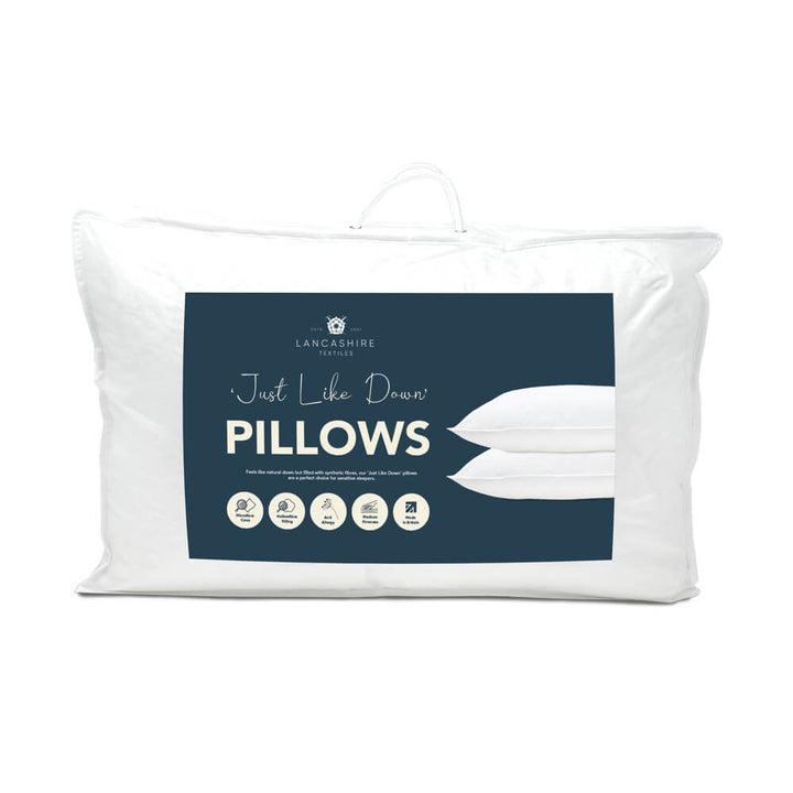 Pair of 'Just Like Down' microfibre pillows in packaging