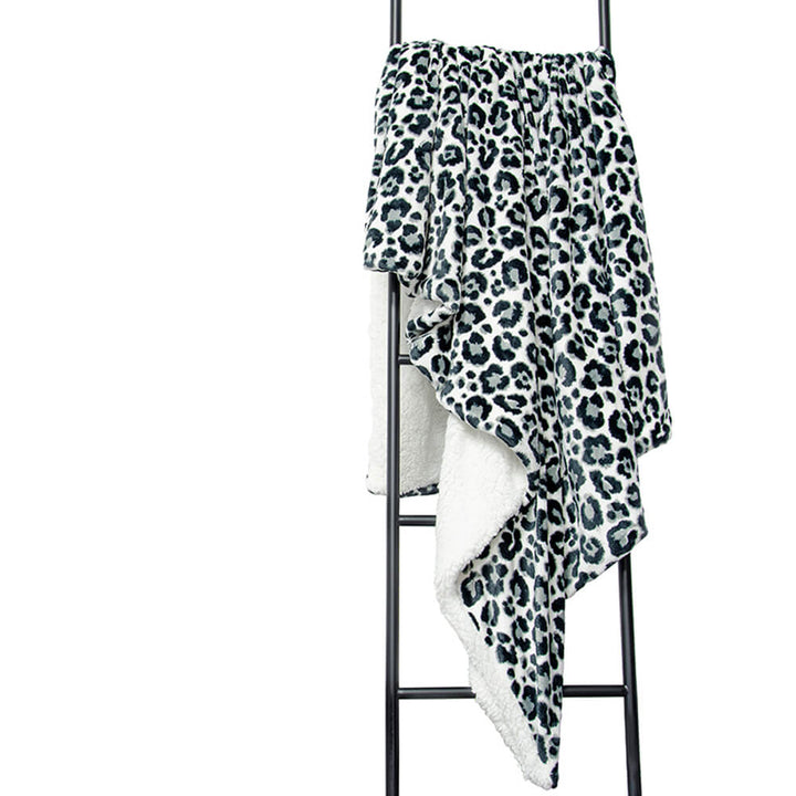 Grey leopard print blanket with cream sherpa fleece reverse - 130cm x 180cm