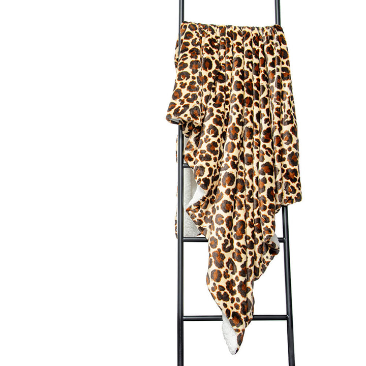 Natural leopard print blanket with cream sherpa fleece reverse - 130cm x 180cm
