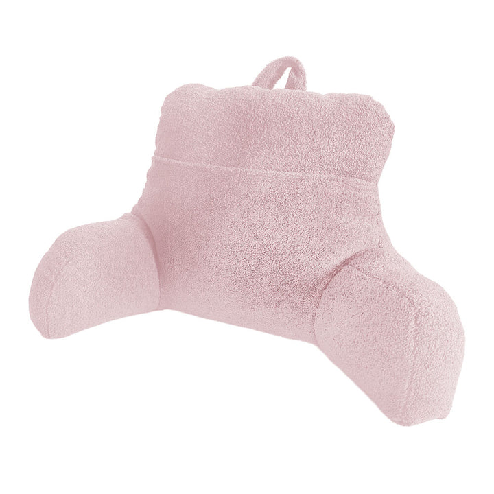 Light Pink teddy fleece reading cushion with a large pocket and handle isolated on a white background