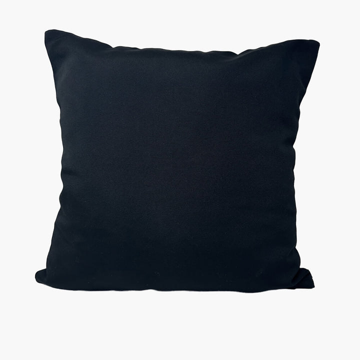 Black back view of a 45cm x 45cm  'Lights Camera Action' cushion cover image shows cover on cushion (not included)