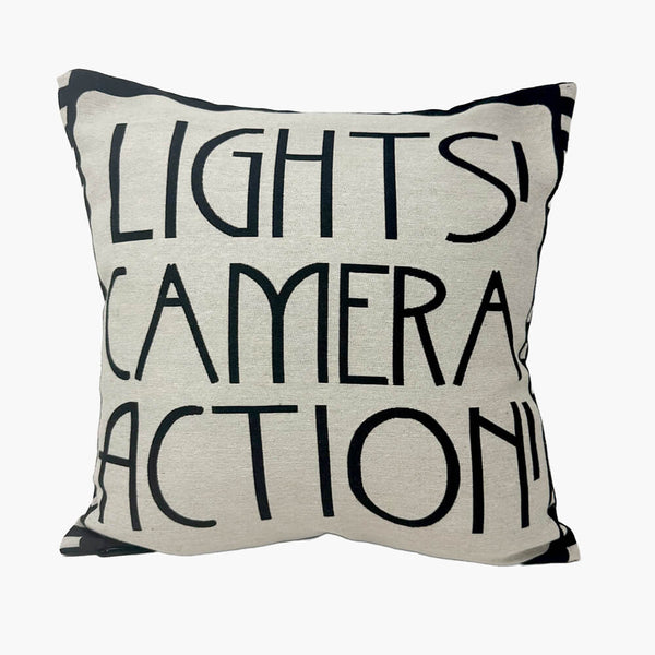 Front view of a 45cm x 45cm natural cushion cover with typography 'Lights Camera Action' image shows cover on cushion (not included)