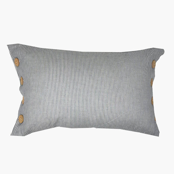 White and Blue striped cushion cover with wooden buttons. 50cm x 30cm