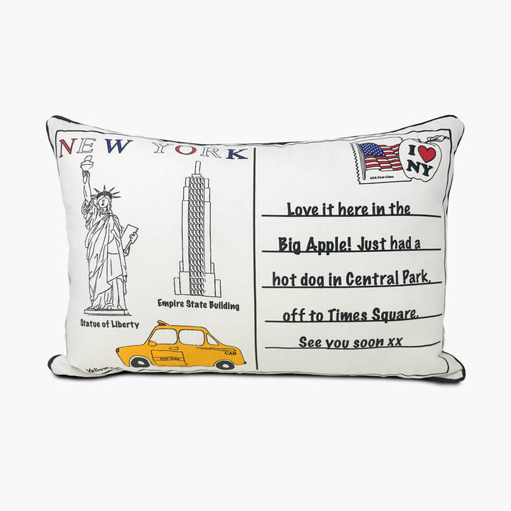 Front view of New York Postcard Themed cushion
