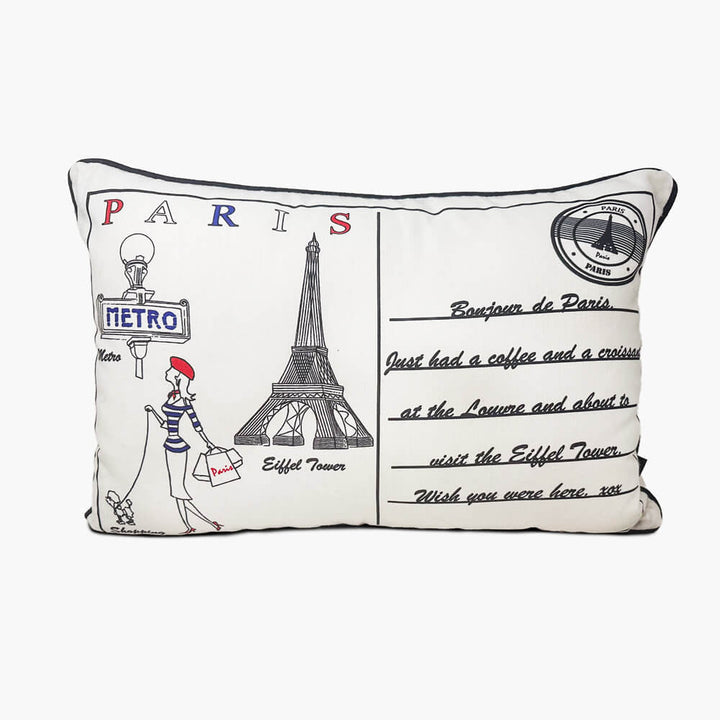 Front view Paris Postcard themed cushion