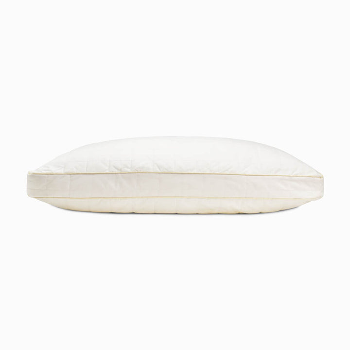Quilted wool pillow with gusseted side and  100% cotton case. Isolated on a white background