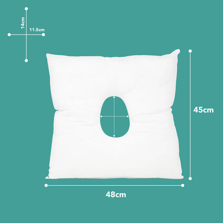 Massage face pillow dimensions, 45cm high  48cm wide. Face hold dimensions, 14cm high x 11.5cm wide