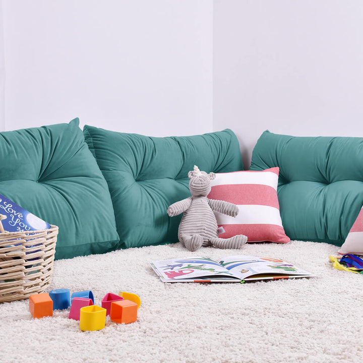 Turquoise velvet headboard wedges in reading corner