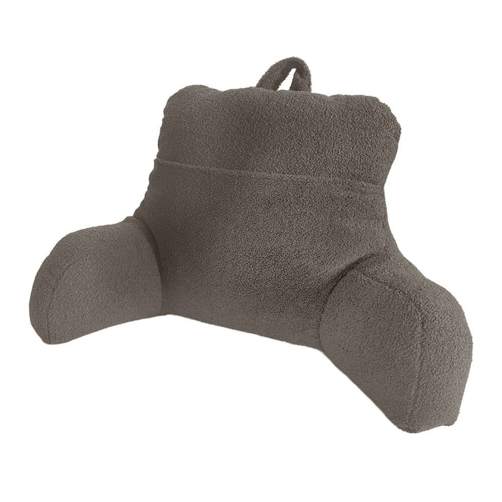 Truffle teddy fleece reading cushion with a large pocket and handle isolated on a white background