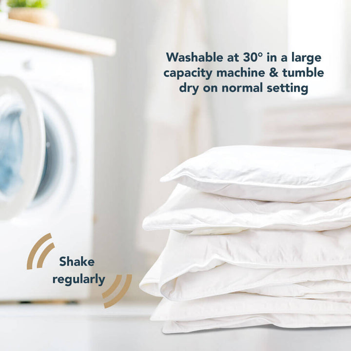 10.5 tog goose feather and goose down duvet care instructions - machine wash at 30° and cool tumble dry. Shake the duvet regularly to keep the filling plump.